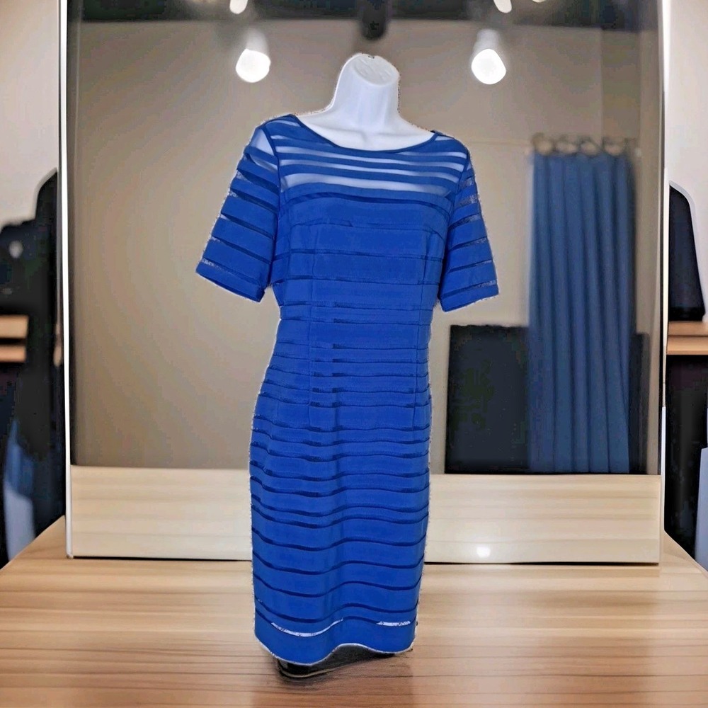 Adrianna Papell Dress 14 Blue Striped Sheath Shift Short Sleeve Back Zip Lined‎
